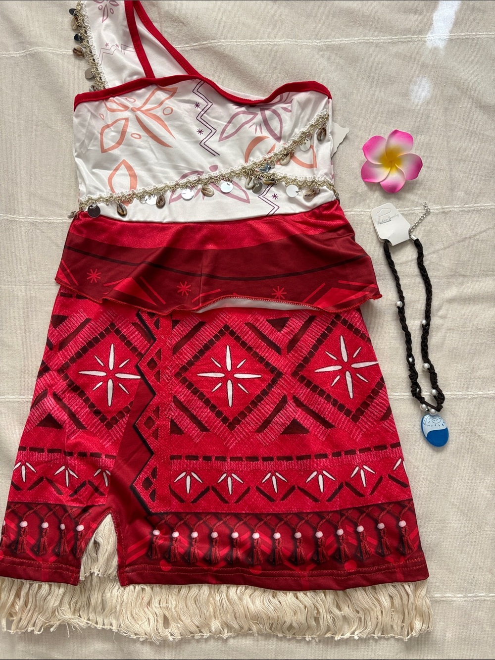 3pc Girls Deluxe Moana Halloween costume with flower clip and necklace size 8-9